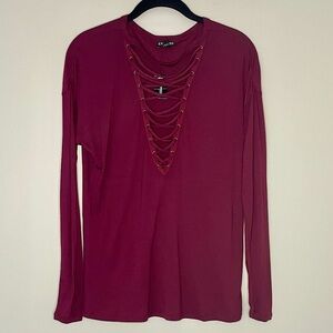 Express Burgundy Long Sleeve Lace Up Front Top NWT
